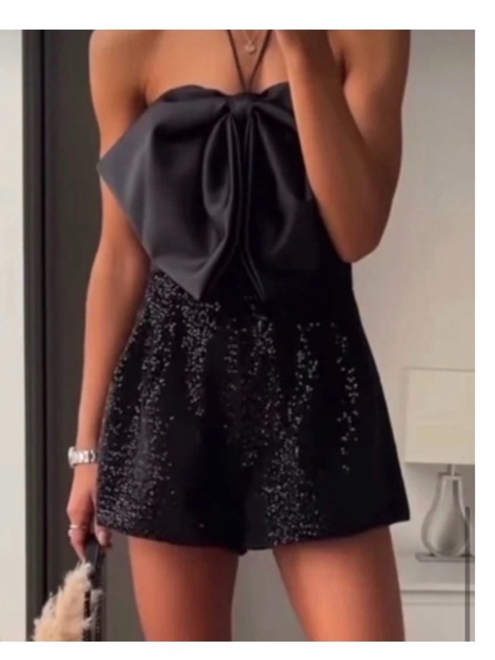 Zara Black Strapless Sequin Bow Romper